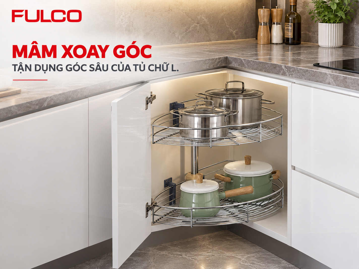 m&acirc;m xoay g&oacute;c phụ kiện tủ bếp th&ocirc;ng minh 