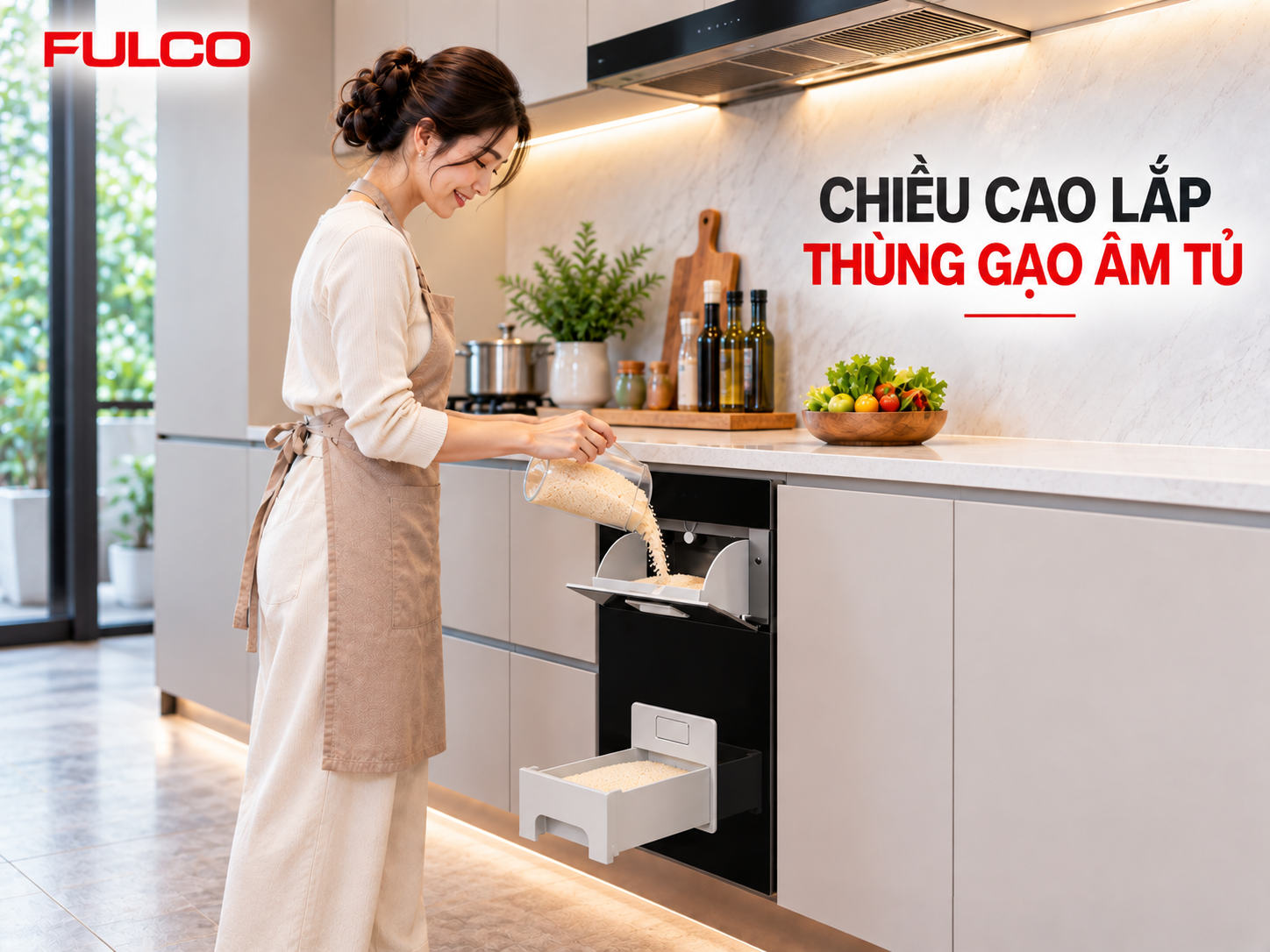 Chiều cao lắp phụ kiện tủ bếp - th&ugrave;ng gạo &acirc;m tủ