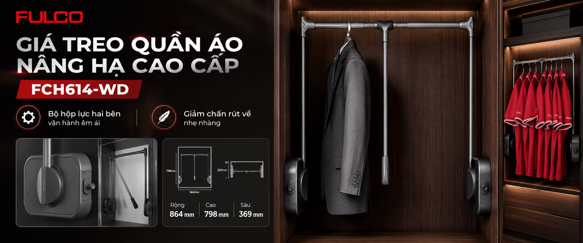 Phụ kiện tủ &aacute;o FULCO với gi&aacute; treo quần &aacute;o n&acirc;ng hạ tiện lợi