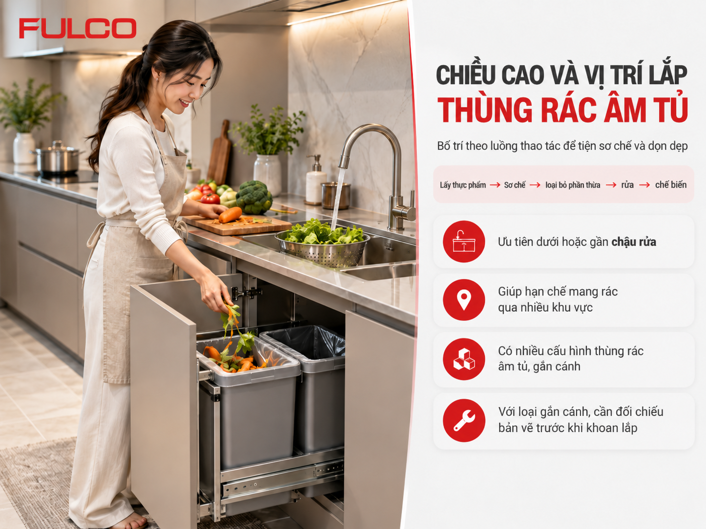 Chiều cao lắp phụ kiện tủ bếp - th&ugrave;ng r&aacute;c &acirc;m tủ