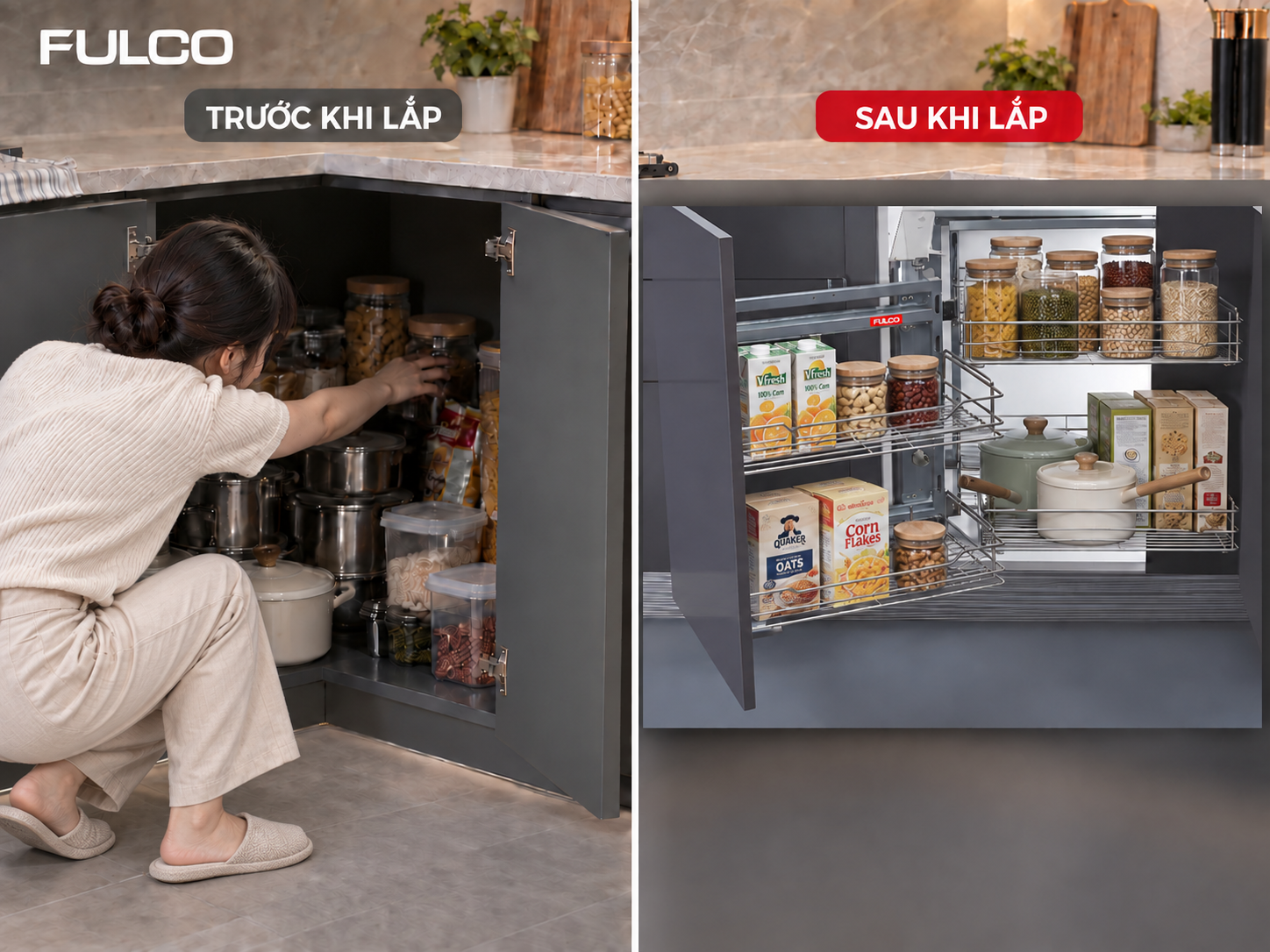 phụ kiện g&oacute;c tủ bếp gi&uacute;p sắp xếp tủ bếp gọn g&agrave;ng hơn