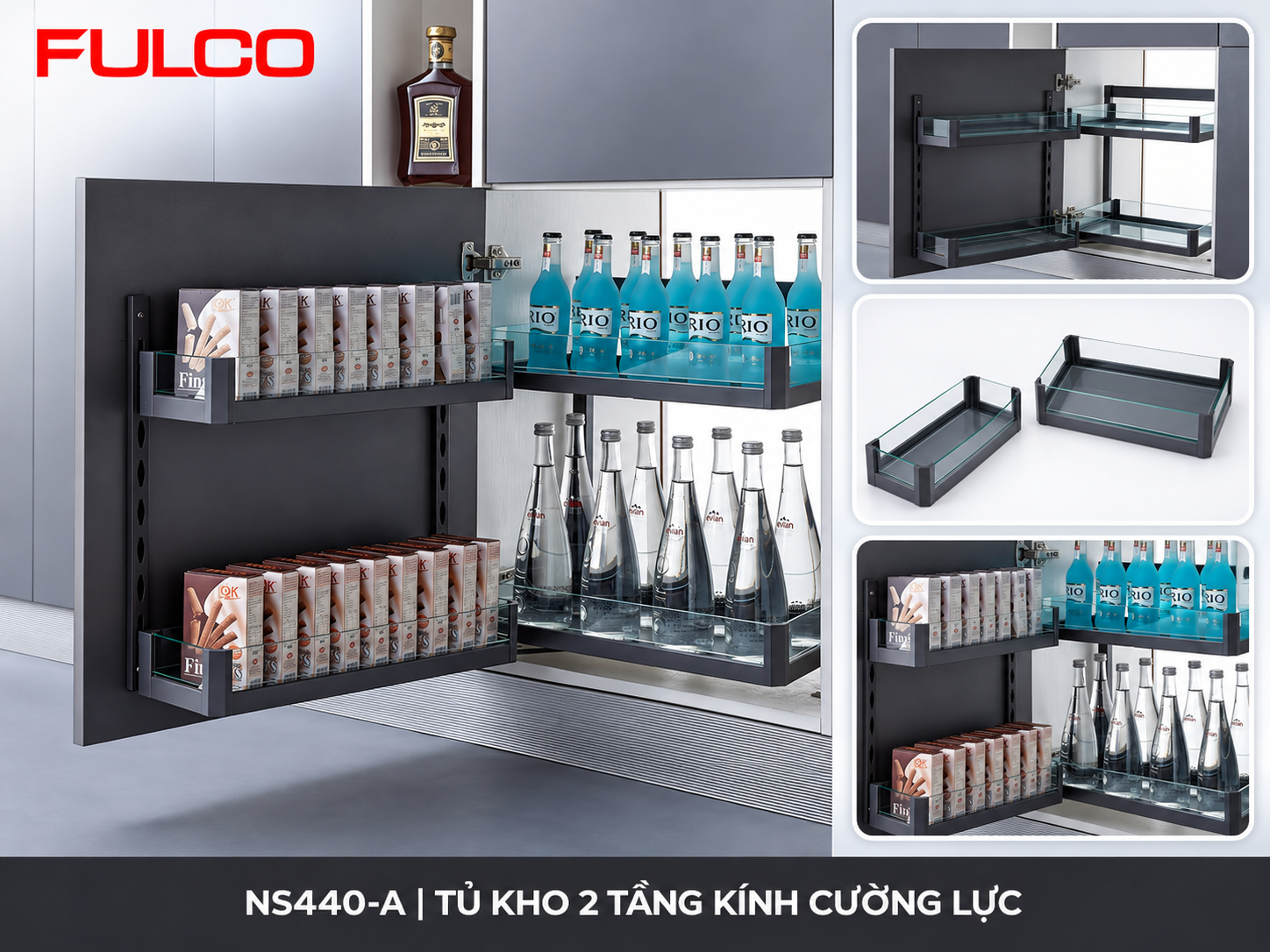 Tủ đồ kh&ocirc; nh&agrave; bếp NS440-A 2 tầng k&iacute;nh cường lực