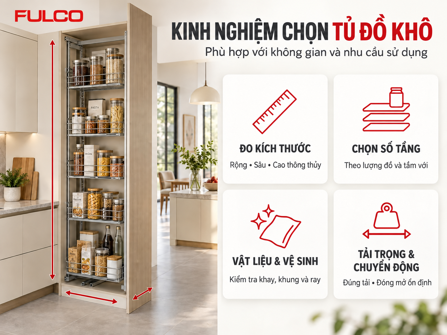 Tủ đồ kh&ocirc; nh&agrave; bếp theo k&iacute;ch thước, số tầng, vật liệu v&agrave; tải trọng