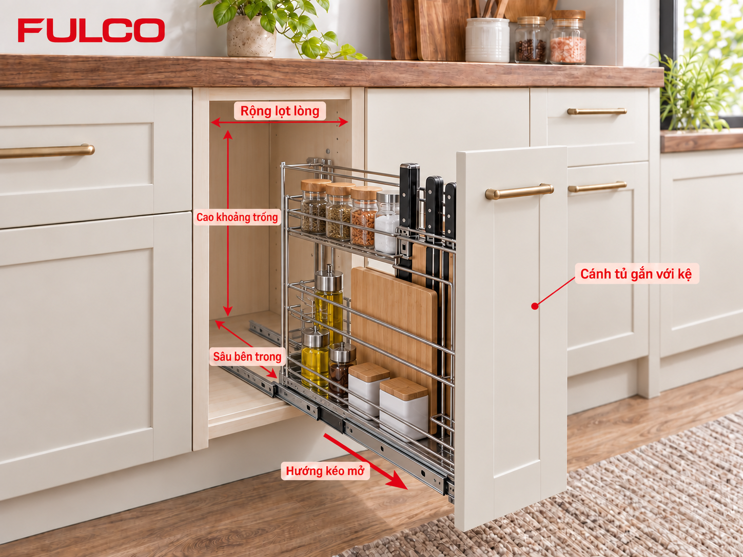 X&aacute;c định k&iacute;ch thước khoang tủ để lắp đặt kệ gia vị dao thớt