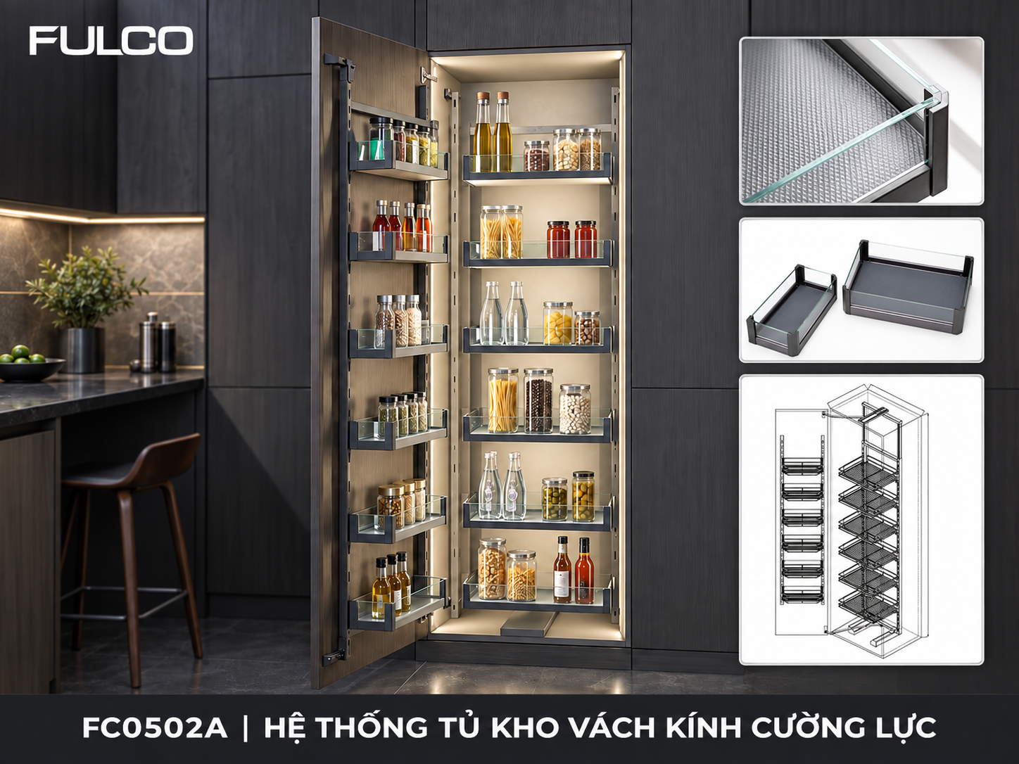 Tủ đồ kh&ocirc; nh&agrave; bếp Fulco FC0502A 6 tầng v&aacute;ch k&iacute;nh cường lực.