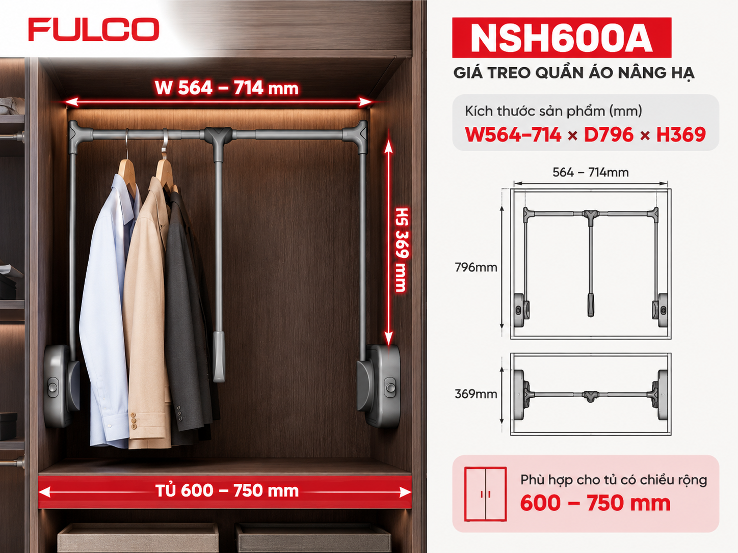K&iacute;ch thước gi&aacute; treo quần &aacute;o n&acirc;ng hạ FULCO NSH600A