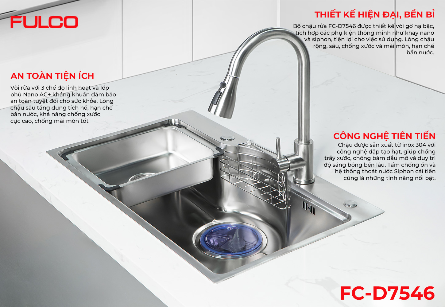 FC-D7546 | BỘ CHẬU VÒI RỬA1 HỐ INOX304 XƯỚC MỜ CAO CẤP