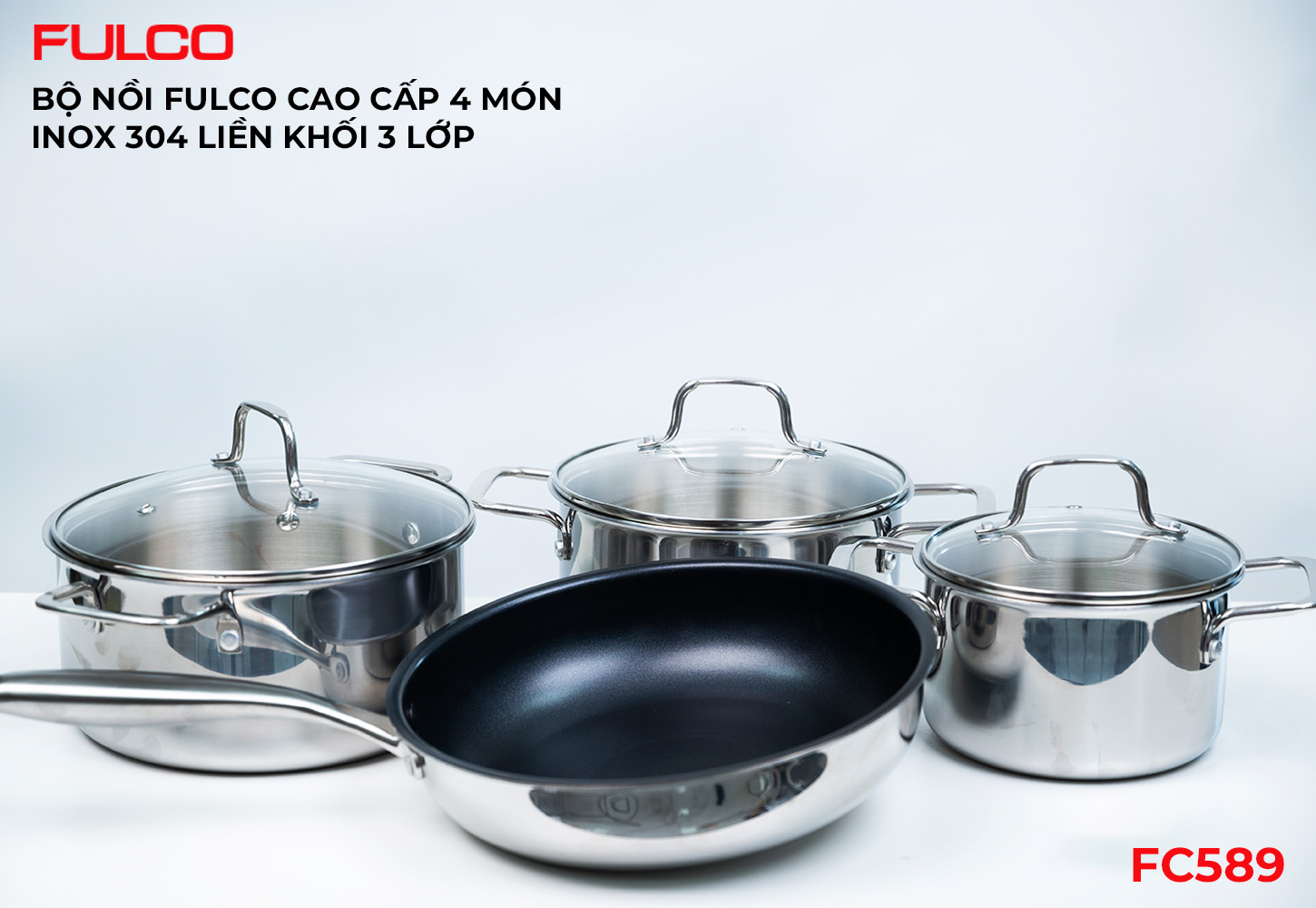 FC589 | BỘ NỒI FULCO CAO CẤP 4 MÓN INOX 304 LIỀN KHỐI 3 LỚP