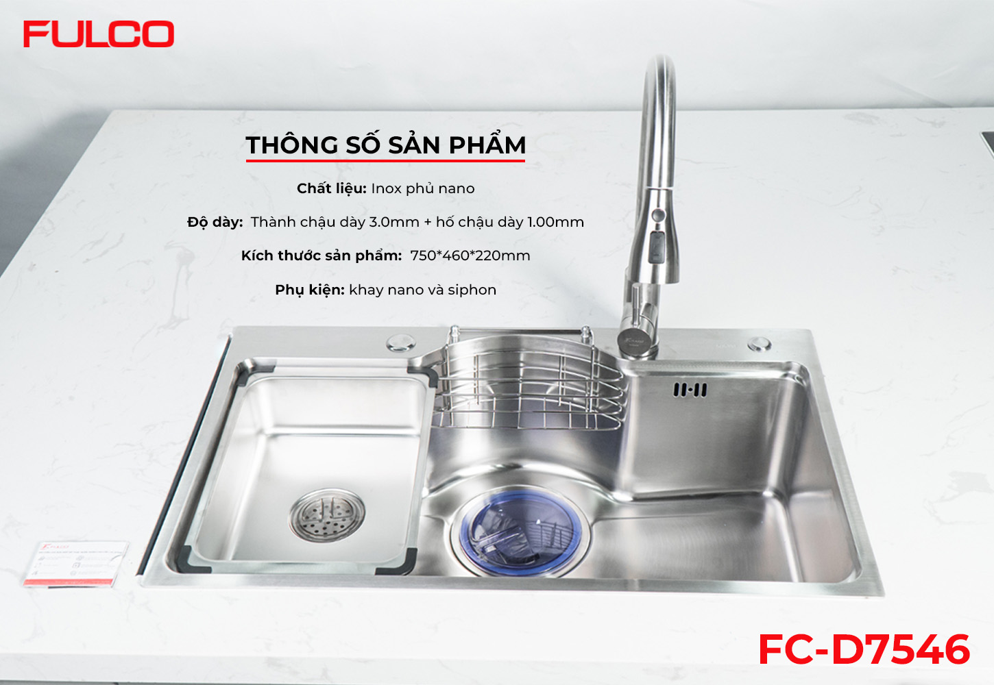 FC-D7546 | BỘ CHẬU VÒI RỬA1 HỐ INOX304 XƯỚC MỜ CAO CẤP