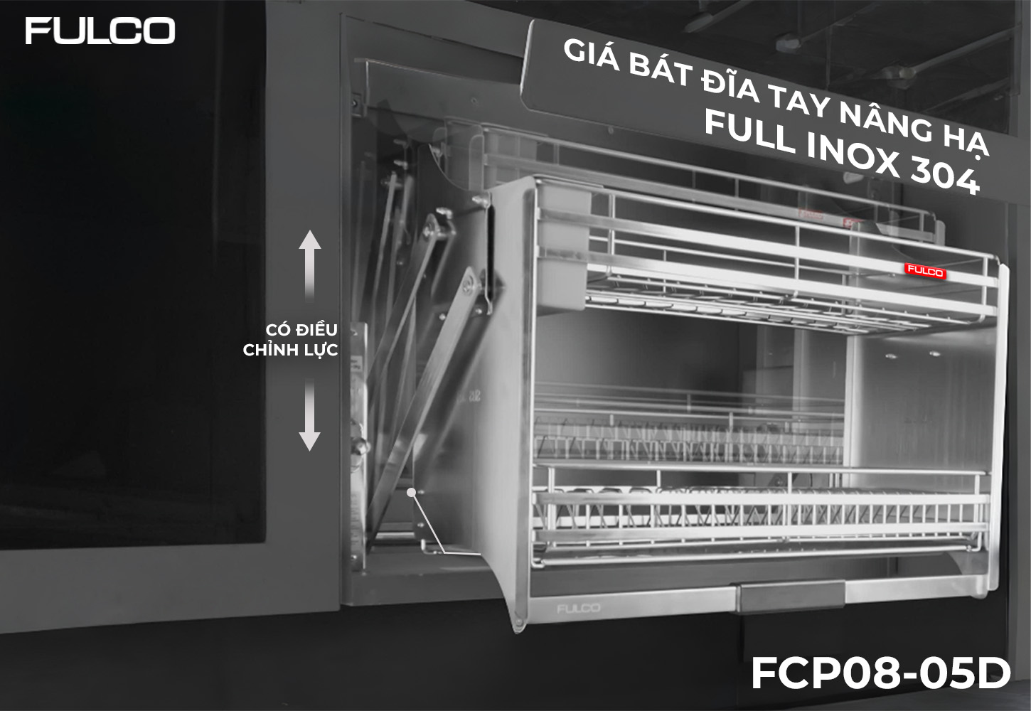 FCP08-05D | GIÁ BÁT ĐĨA TAY NÂNG HẠ FULL INOX 304 CÓ ĐIỀU CHỈNH LỰC