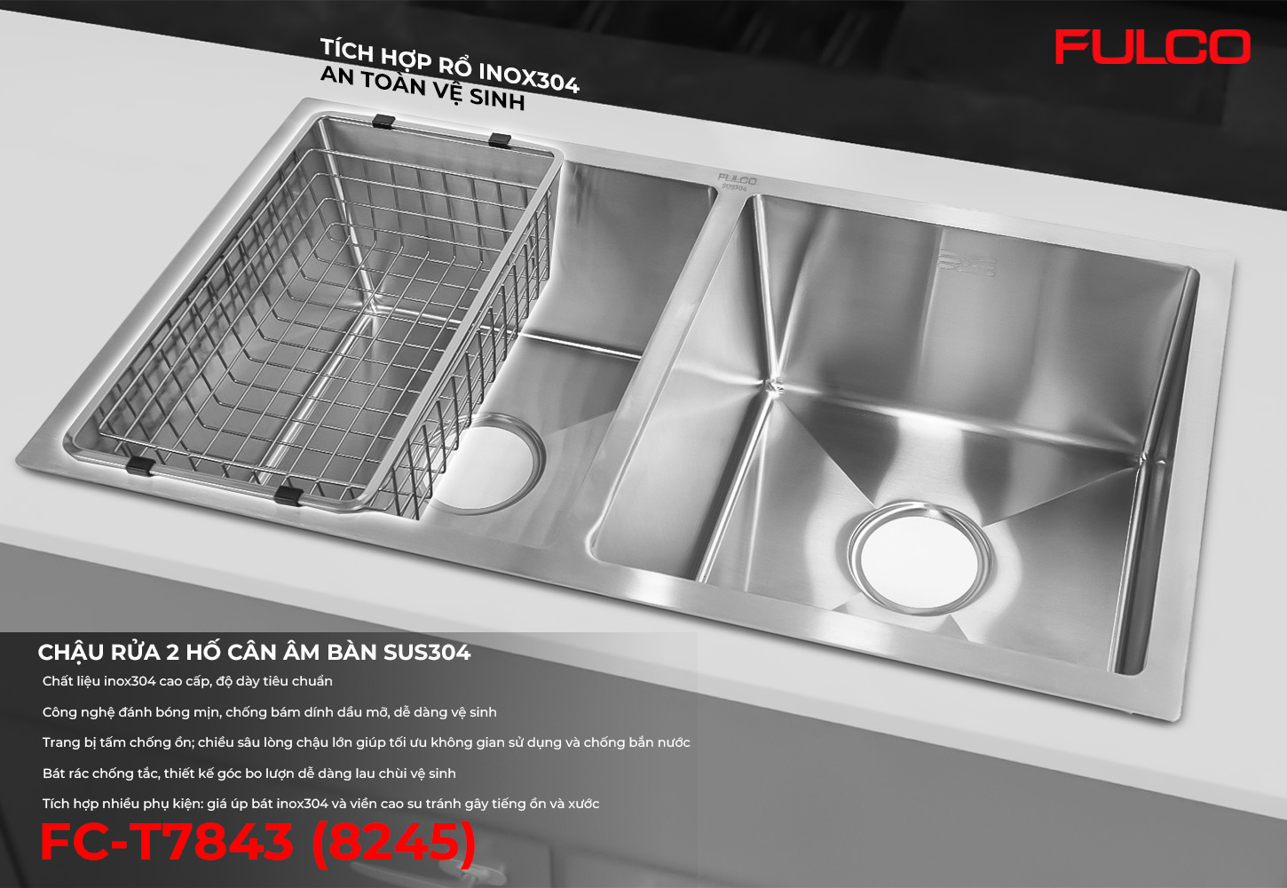 FC-T7843 (8245) | CHẬU RỬA 2 HỐ CÂN ÂM BÀN SUS304