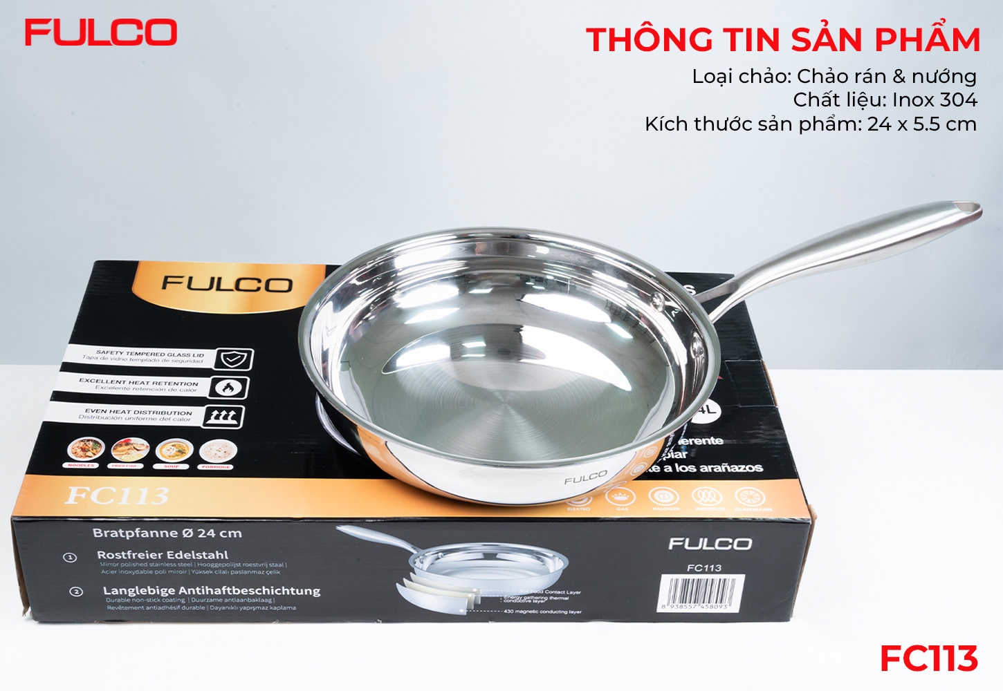 FC113 | CHẢO INOX 304 LIỀN KHỐI 3 LỚP CAO CẤP