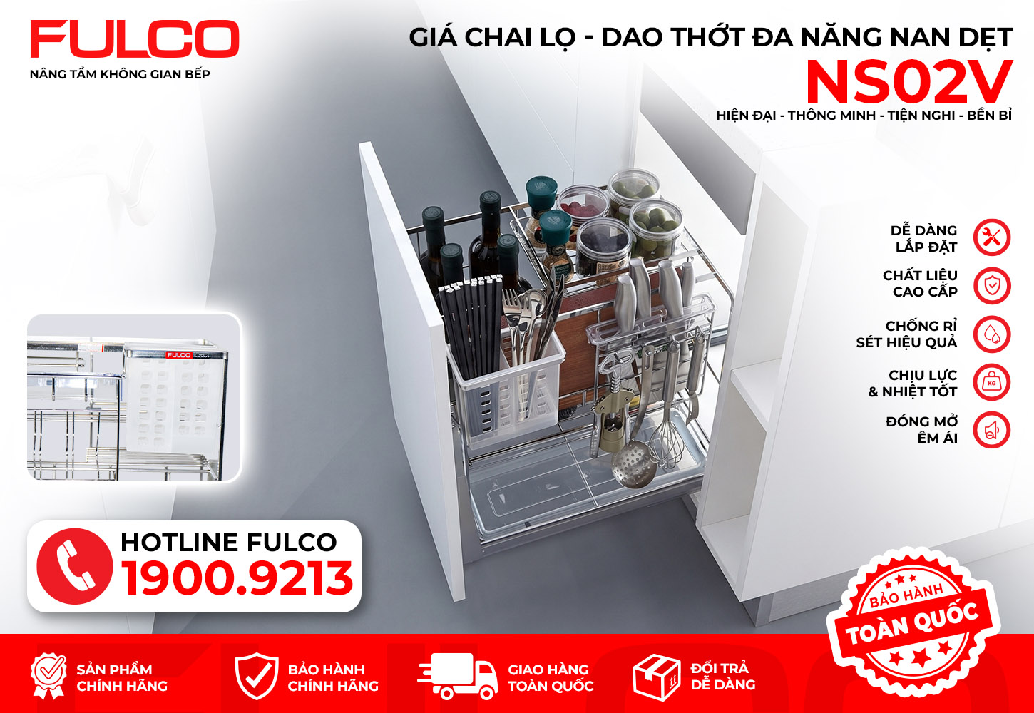 NS02V | GIÁ ĐỰNG CHAI LỌ - DAO THỚT ĐA NĂNG NAN VUÔNG