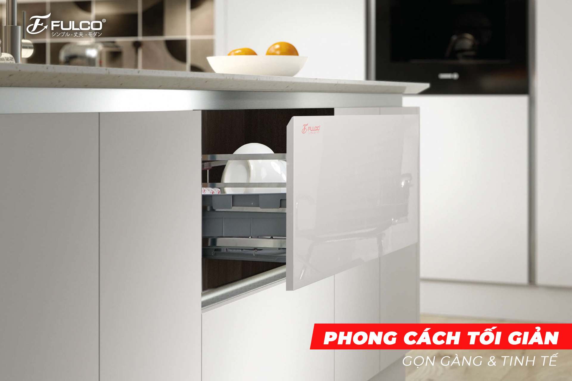Gian bếp phong cách tối giản với thiết bị bếp FULCO hiện đại.