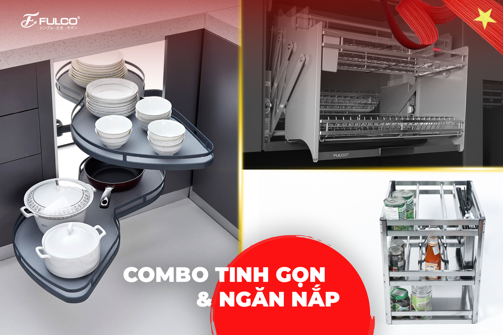Các giải pháp phụ kiện tủ bếp thông minh của FULCO giúp tinh gọn không gian bếp.