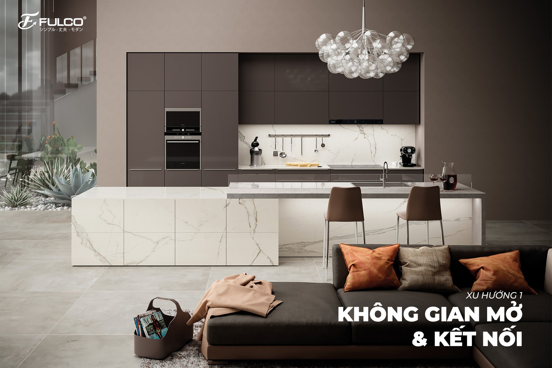 Xu hướng thiết kế bếp kh&ocirc;ng gian mở với đảo bếp đa năng.