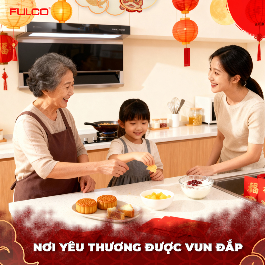 Khoảnh khắc ba thế hệ (bà, mẹ, con) cùng nhau vui vẻ nặn bánh Trung Thu trong gian bếp FULCO sạch sẽ, thoáng đãng.