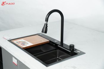 FC-B7546 | BỘ CHẬU VÒI RỬA 1 HỐ THÁC NƯỚC NANO ĐEN CAO CẤP