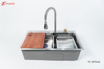 FC-B7546 | BỘ CHẬU VÒI RỬA 1 HỐ THÁC NƯỚC INOX304 XƯỚC MỜ CAO CẤP